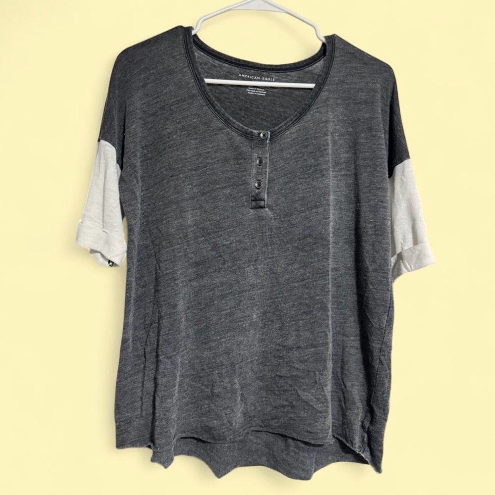 American Eagle Outfitters Oversized Dark Gray Henley with White Sleeve Panels